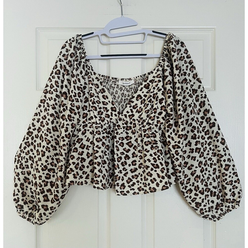 Idem Ditto Leopard Crop Baby Doll Top Blouse Size S Smocked Balloon Sleeve Boho